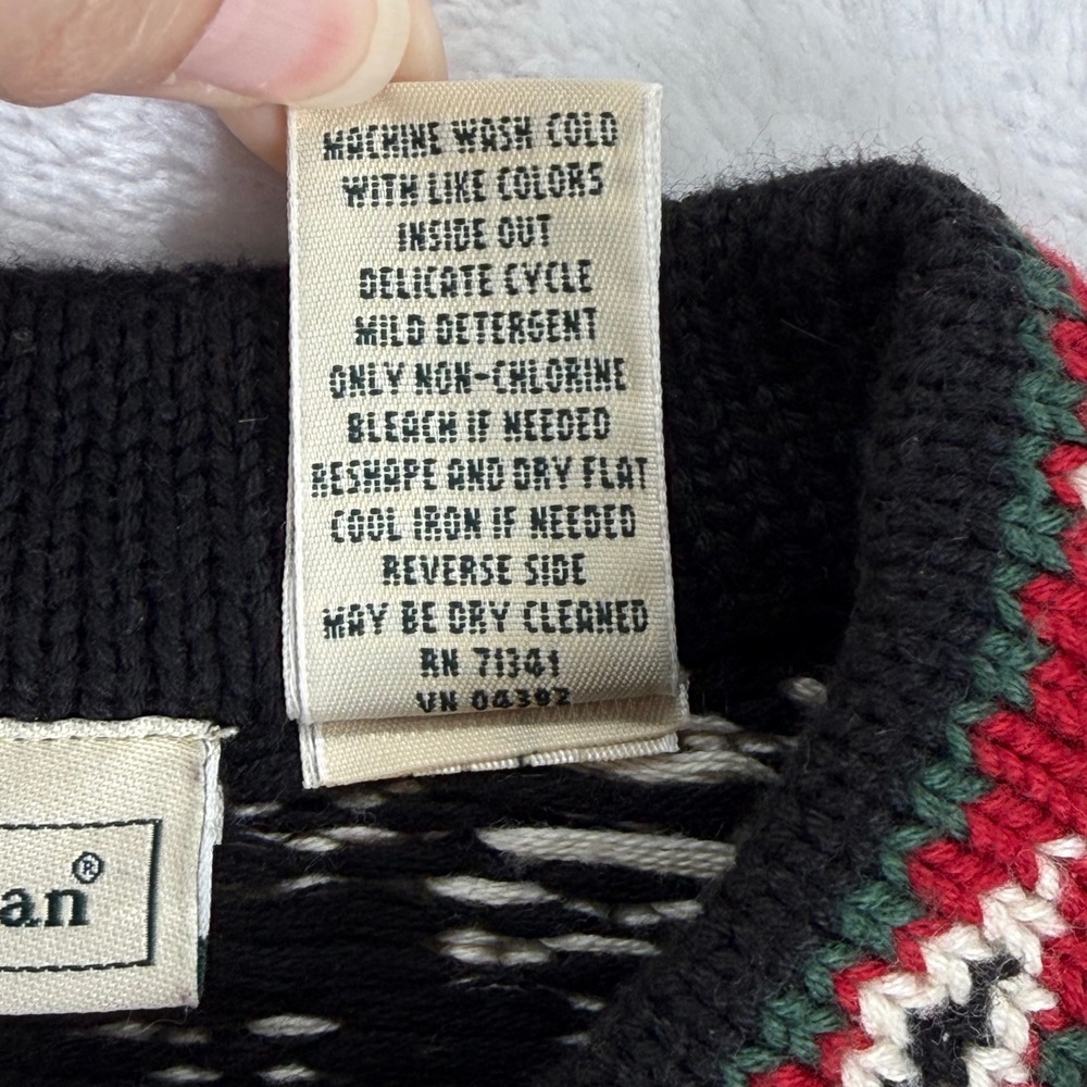 LL Bean Small Fair Isle Cardigan Sweater Cotton Nordic Black Red Cream READ - Picture 7 of 10
